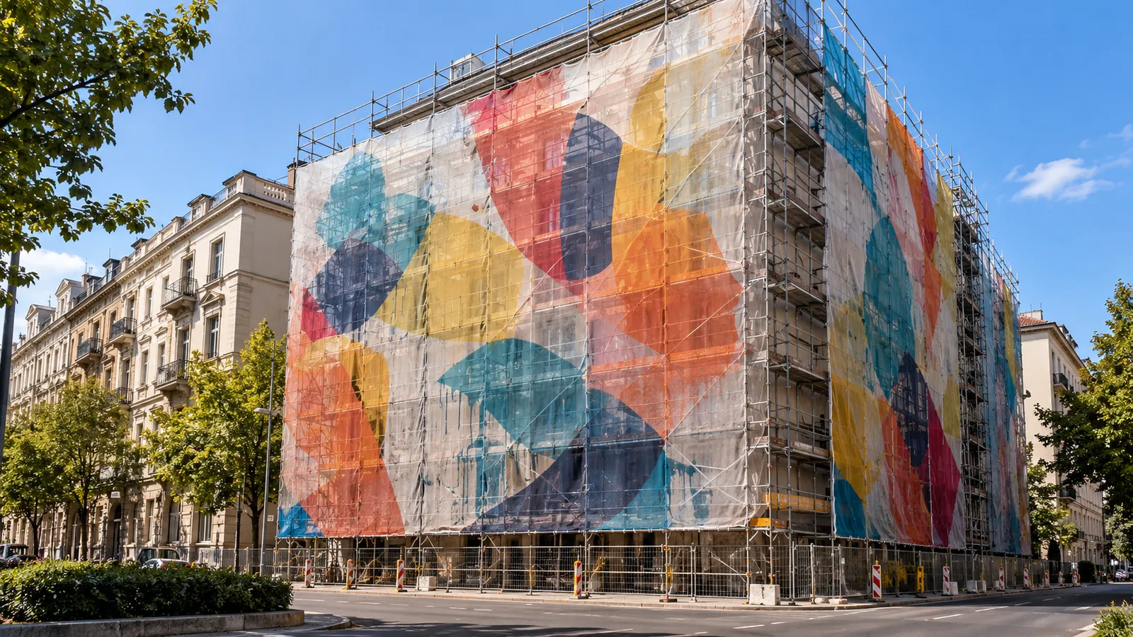 Clădire în renovare acoperită cu schelă și plasă mesh imprimată pe toată fațada