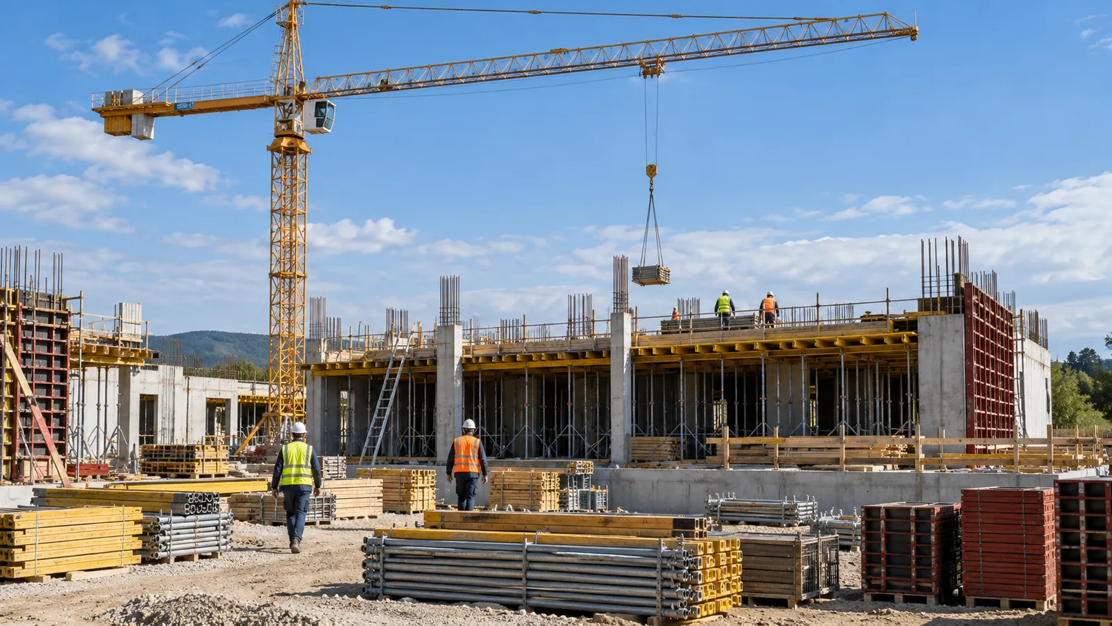Șantier de construcții al unei clădiri mici în lucru, cu macara și cofraje